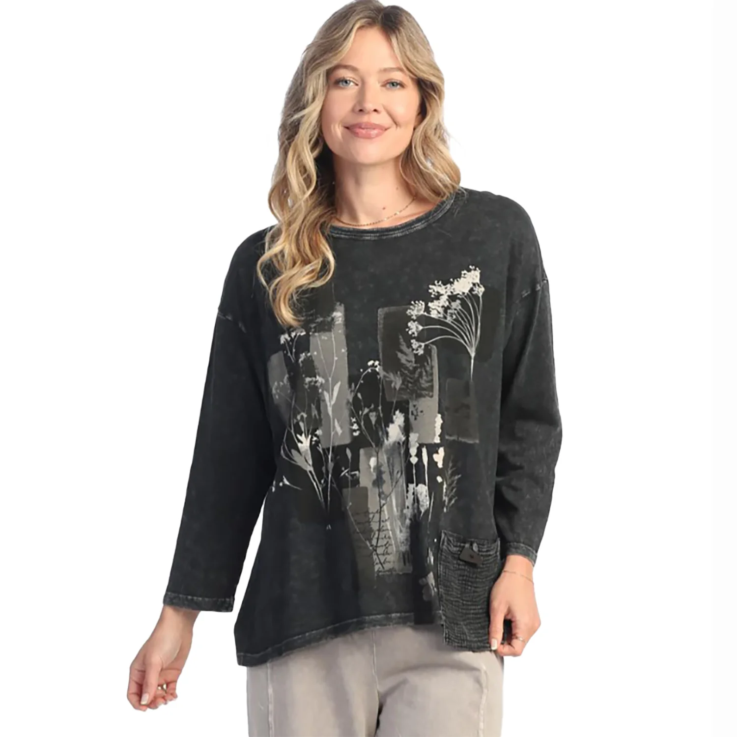 Jess & Jane Mineral Wash Pocket Tunic Tunic Women's Tops Long Sleeve Black