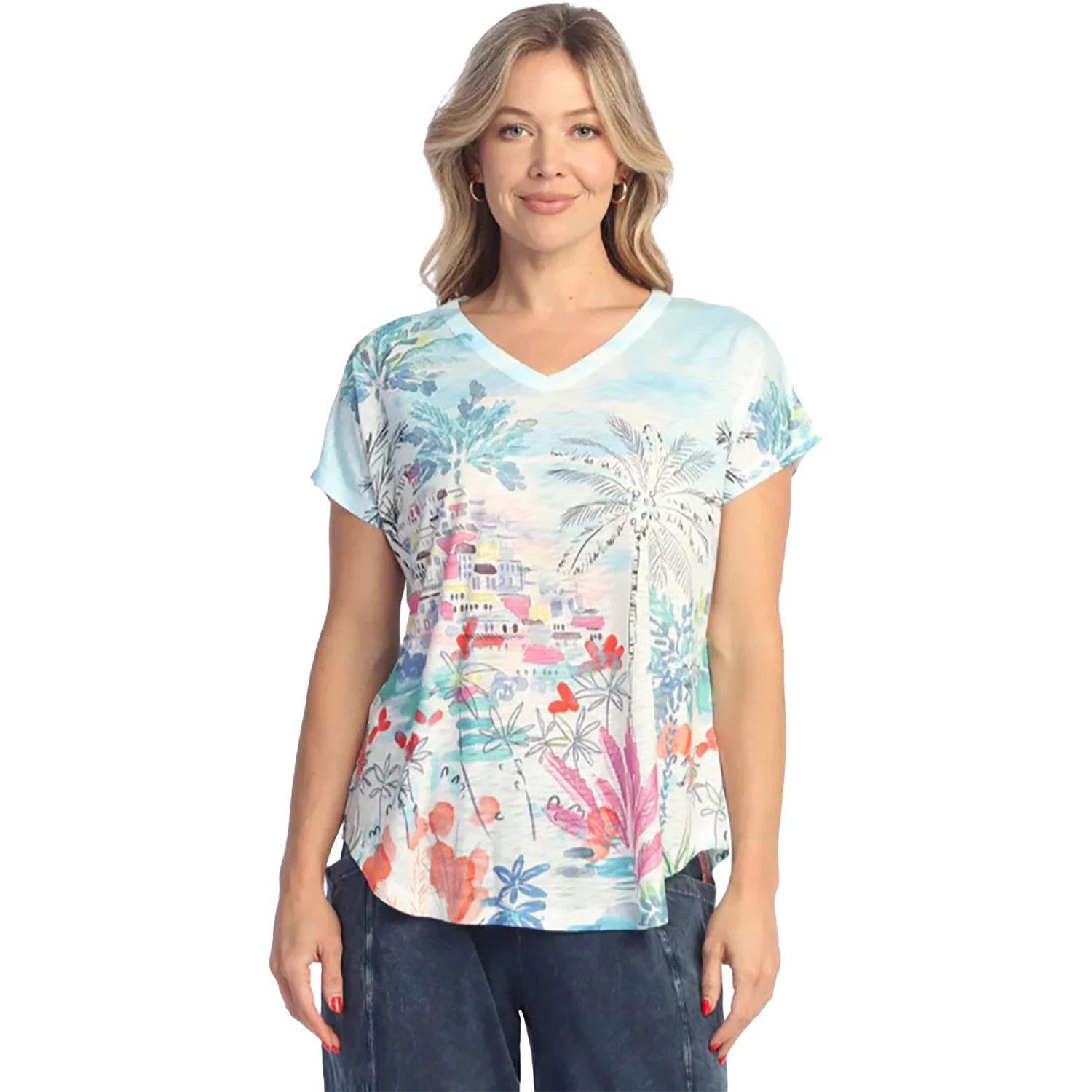 Jess & Jane Short-Sleeved V-Neck Women's Short Sleeve Tops Seaside