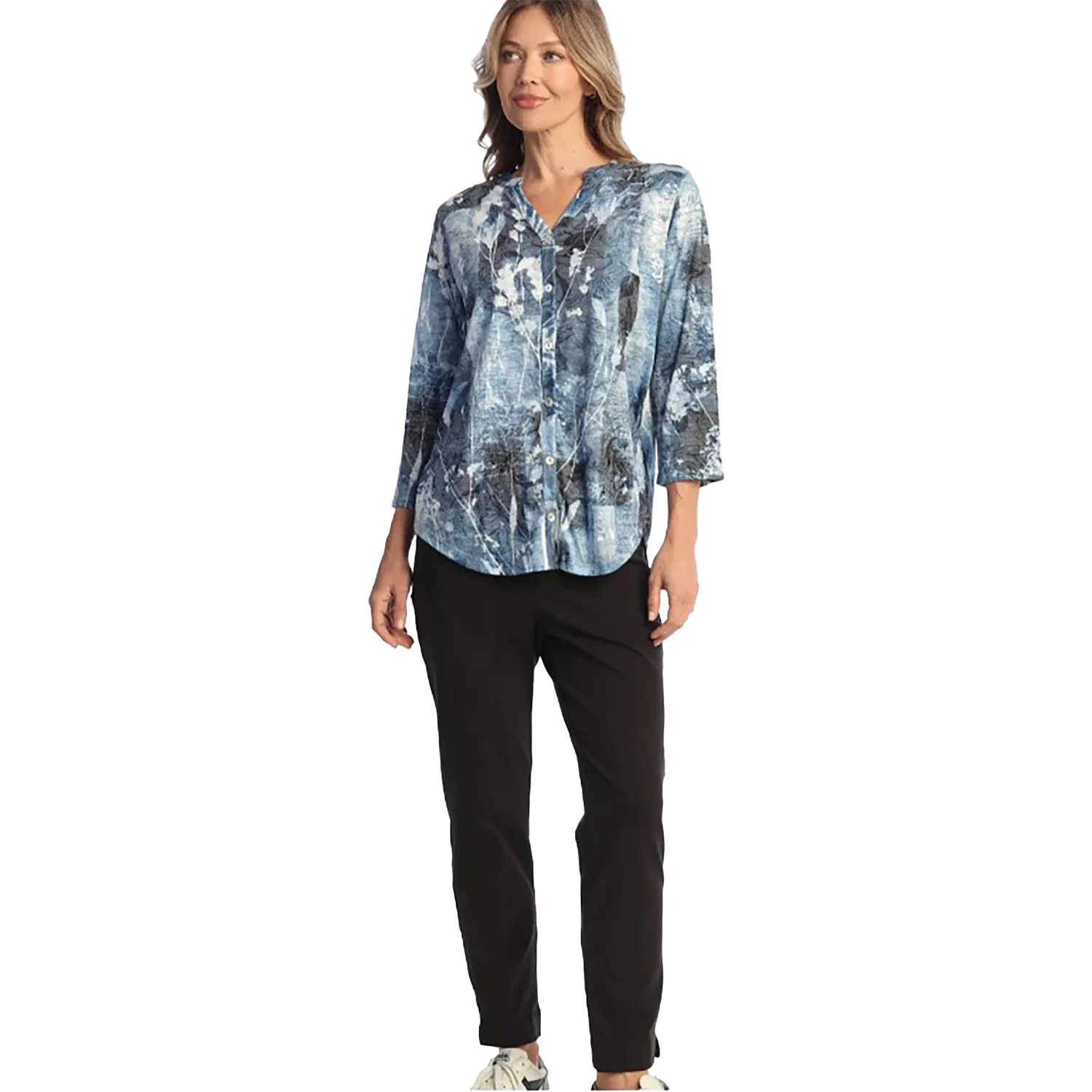 Jess & Jane V-Neck Button Down Women's Tops Long Sleeve Mariposa Blue - Image 2