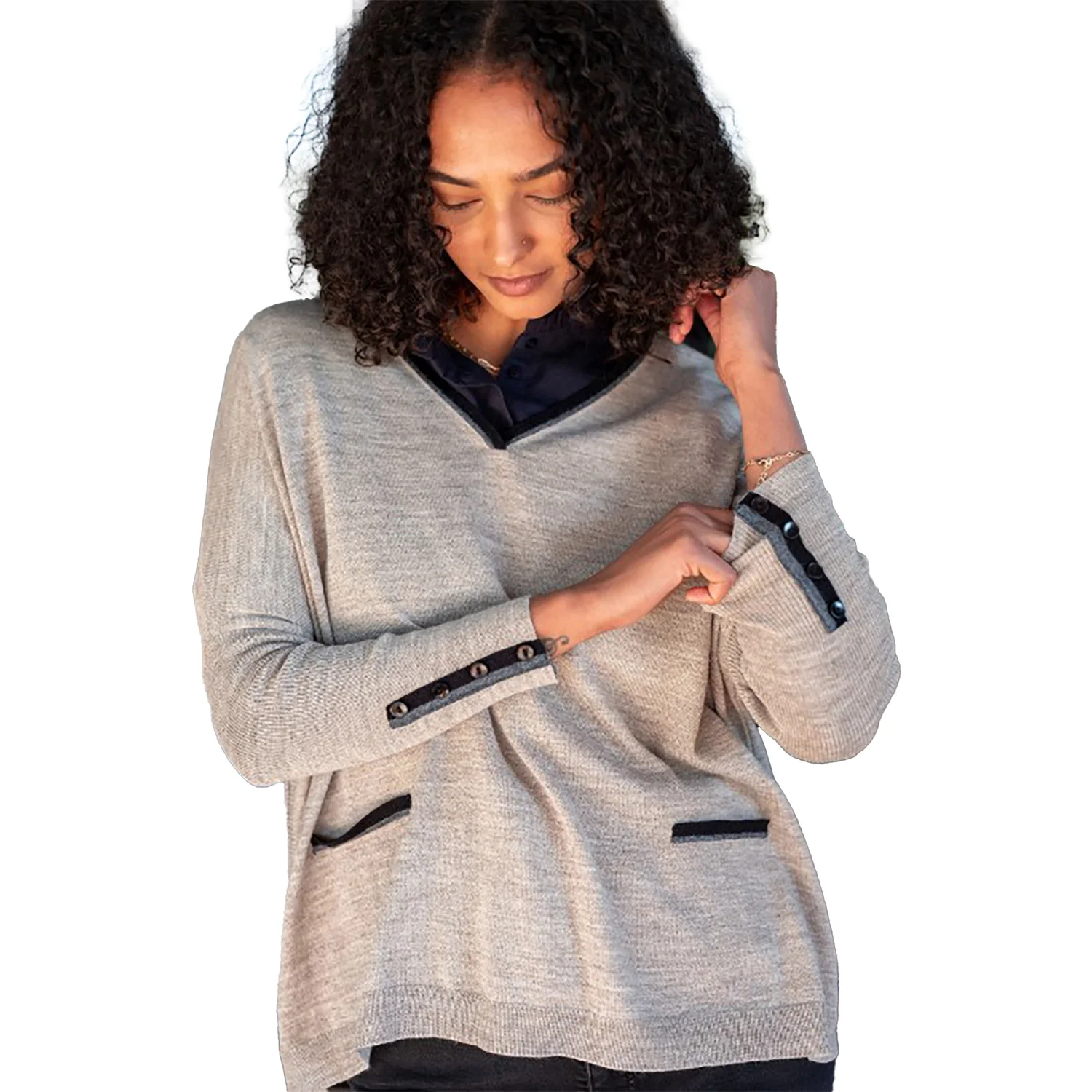 Mersea Catalina Triple Crown V-Neck Sweater Women's Long Sleeve Top Driftwood Ringer - Image 3