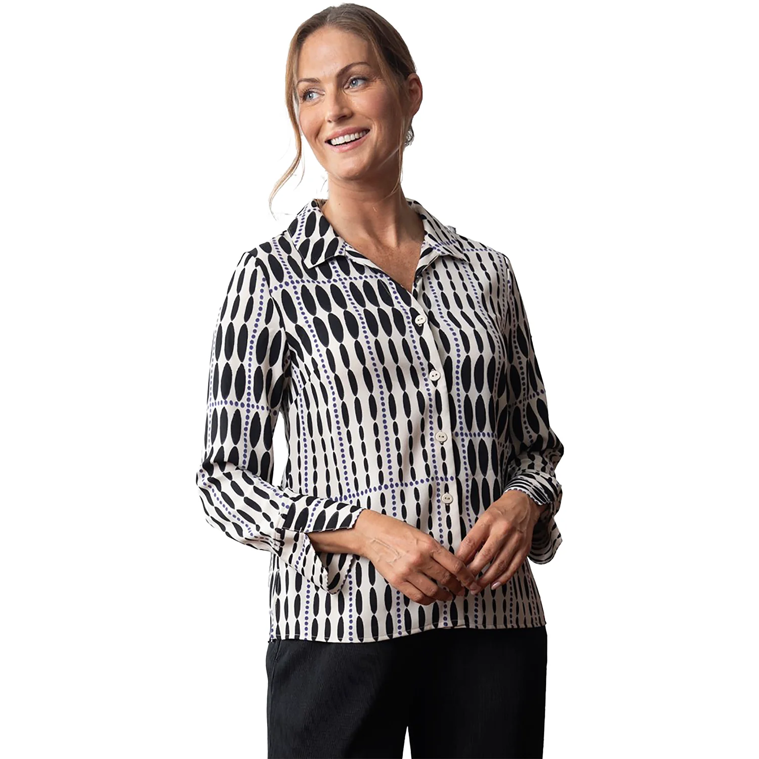Olivia By Habitat Crepe Georgette V-Neck Buttondown Shirt Raindrop Grid Women's Tops Long Sleeve Shell