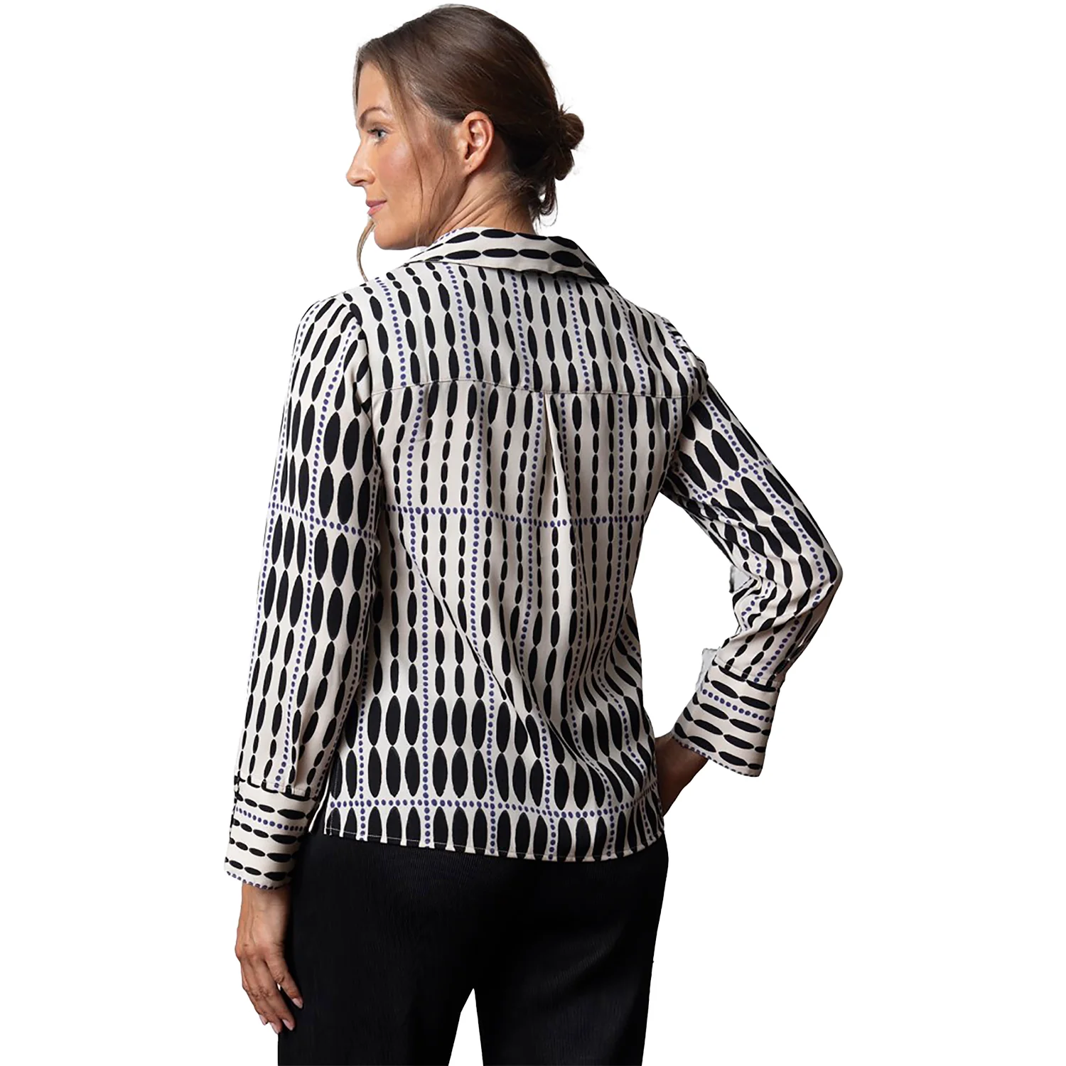 Olivia By Habitat Crepe Georgette V-Neck Buttondown Shirt Raindrop Grid Women's Tops Long Sleeve Shell - Image 2