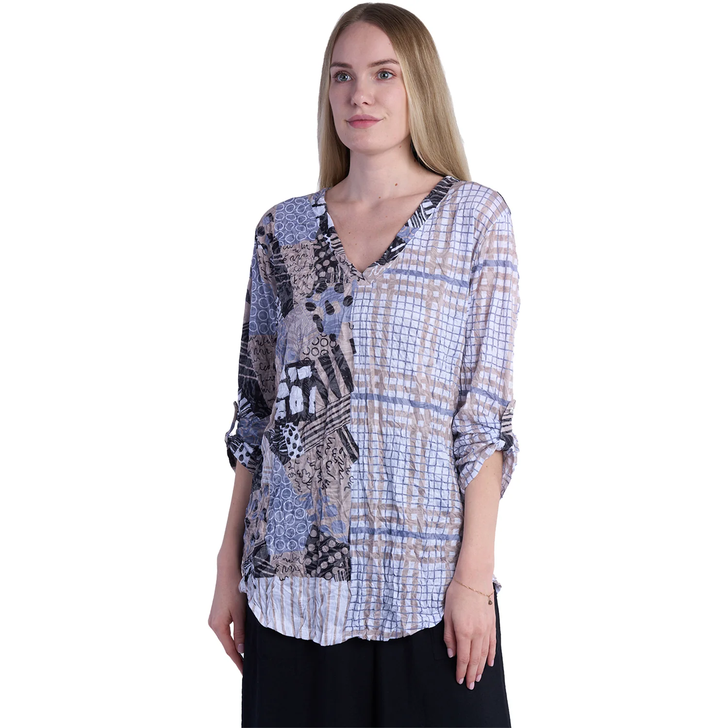 Shana Apparel Crinkle Mix Media Top V-Neck Women's Long-Sleeve Top Khaki Multi