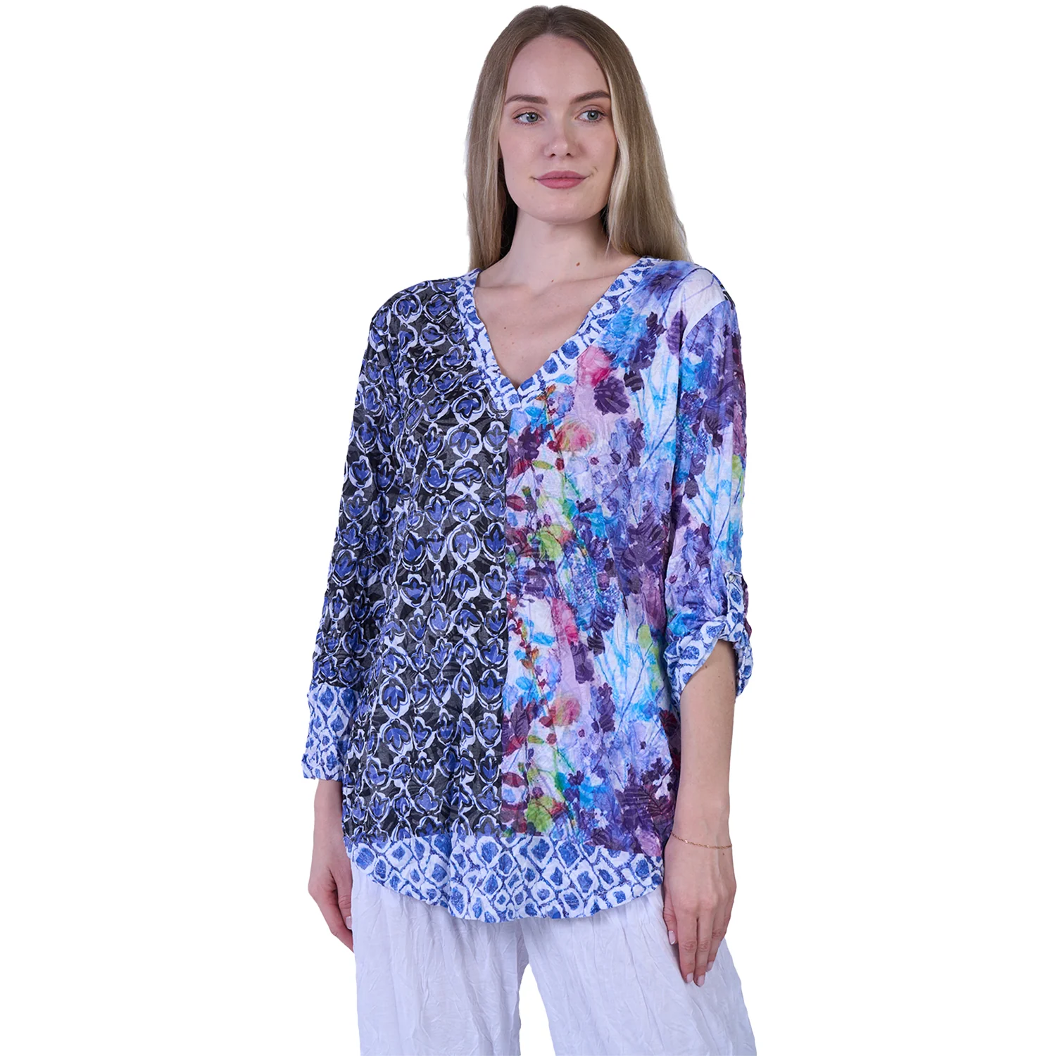 Shana Apparel Crinkle Mix Media Top V-Neck Women's Long-Sleeve Top Navy Multi