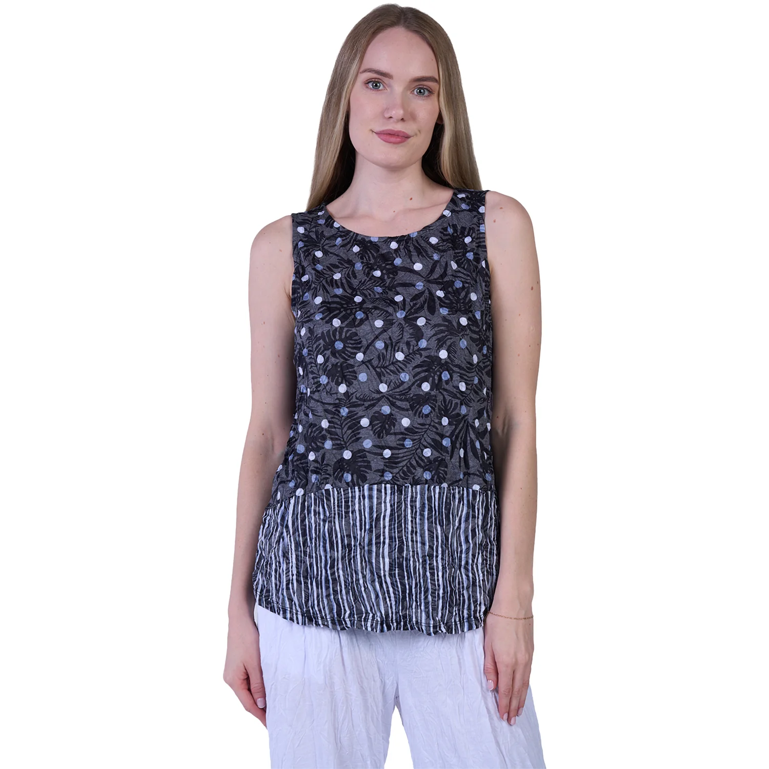 Shana Apparel Crinkle Tank Top Dot Stripe Women's Tank Top Black