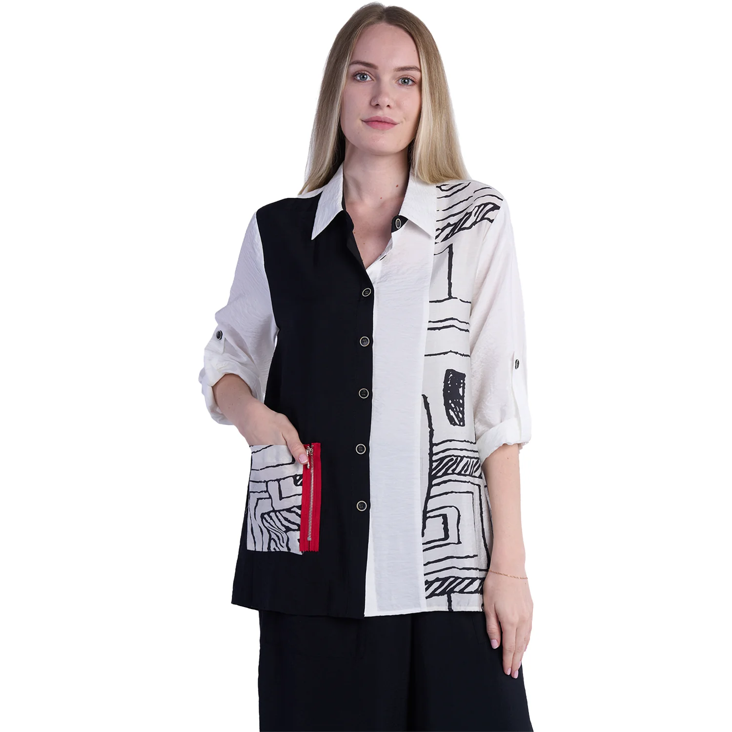 Shana Apparel Red Zip Detail Shirt Women's Long Sleeve Shirt White