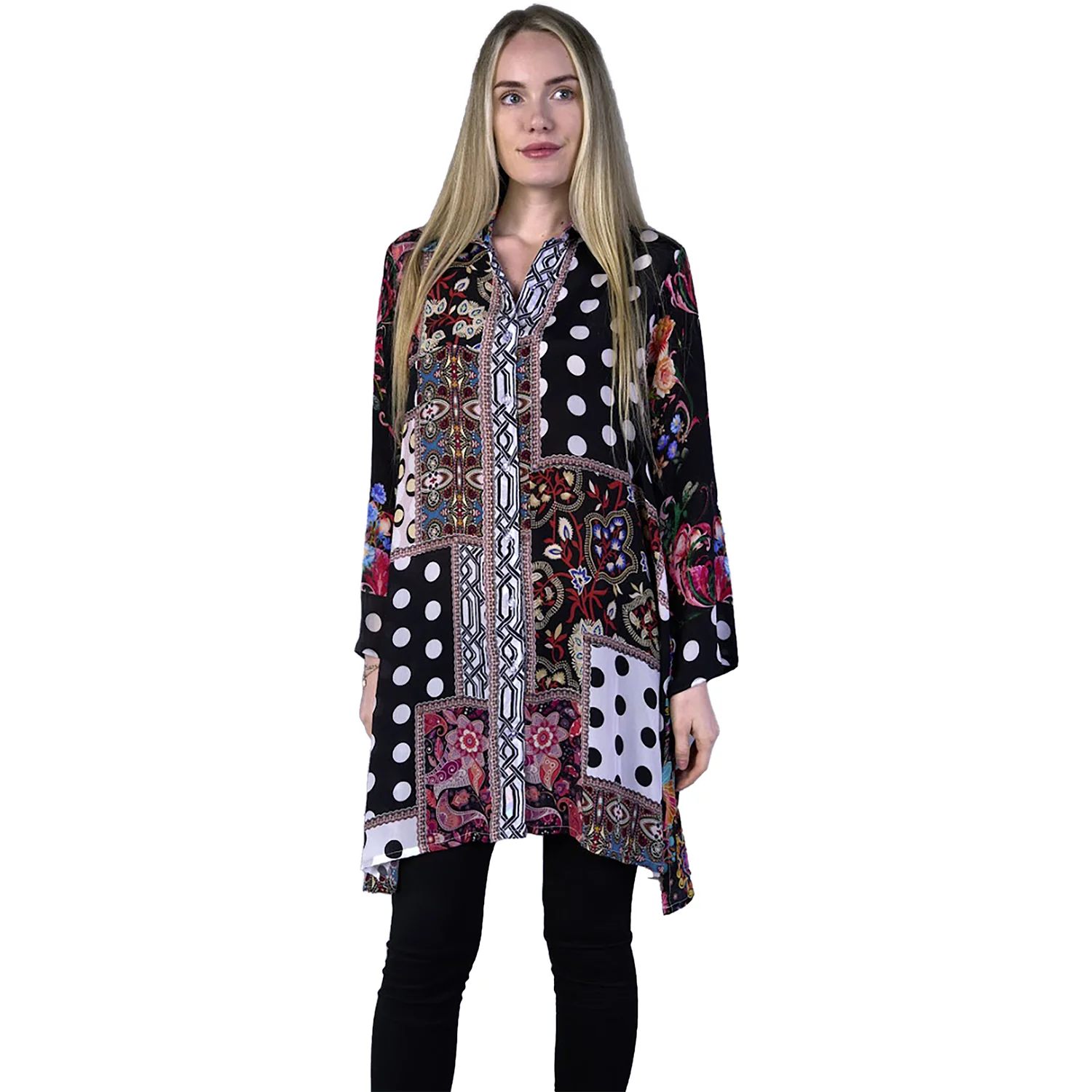 Shana Viscose Button Down Tunic Women's Top Blk Multi/Dots